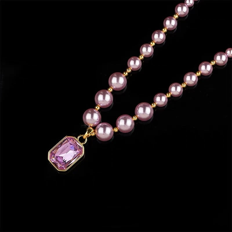 Close-up of the pendant and clasp on the Zircon Pearl Necklace