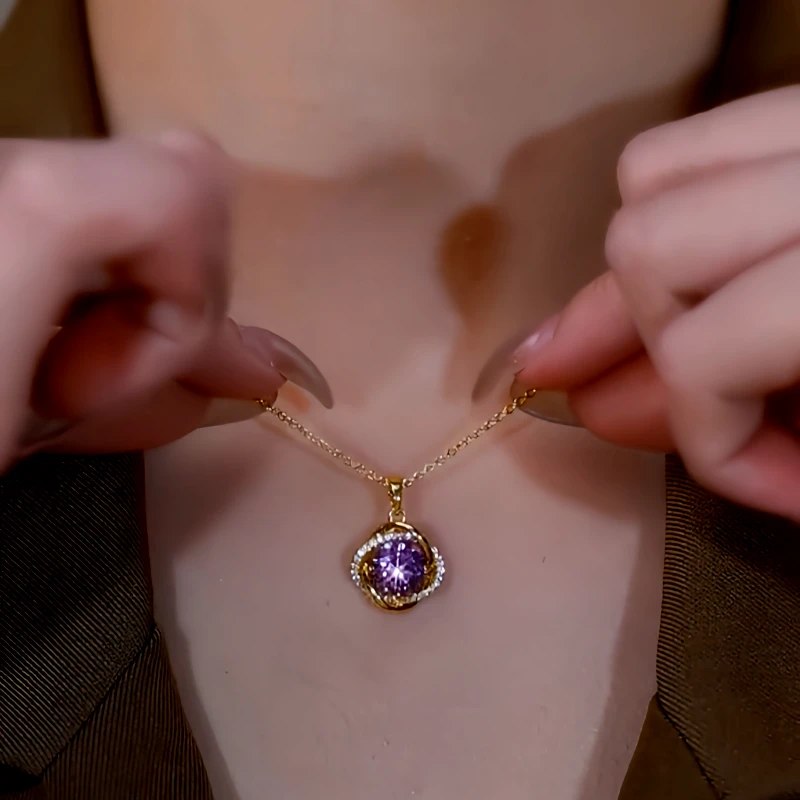 14K Gold-Plated Purple Zircon Diamond Pendant Necklace worn to showcase its length and pendant detail