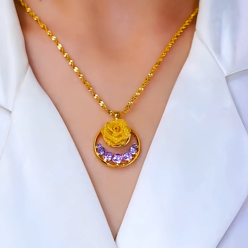 14K Gold-Plated Purple Zircon Diamond Rose Pendant Necklace worn to showcase its length and pendant detail
