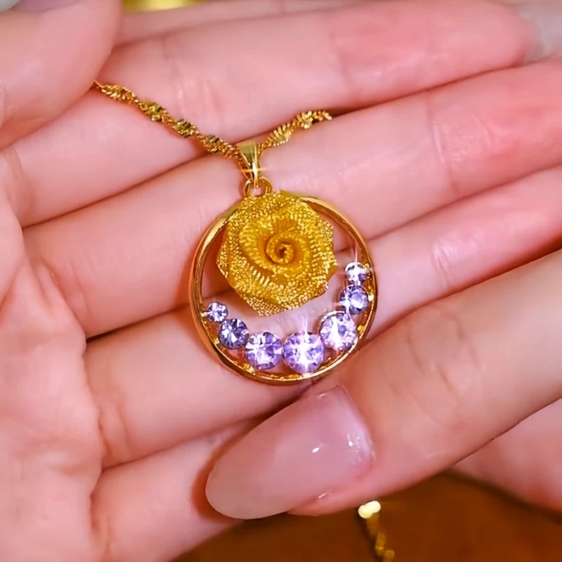 Detailed view of the 14K Gold-Plated Purple Zircon Diamond Rose Pendant Necklace chain and pendant