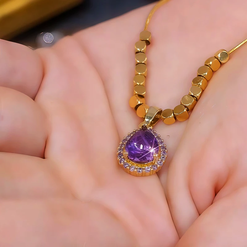 14K Gold-Plated Purple Zircon Diamond Water Drop Necklace - beautiful Zircon Water Drop