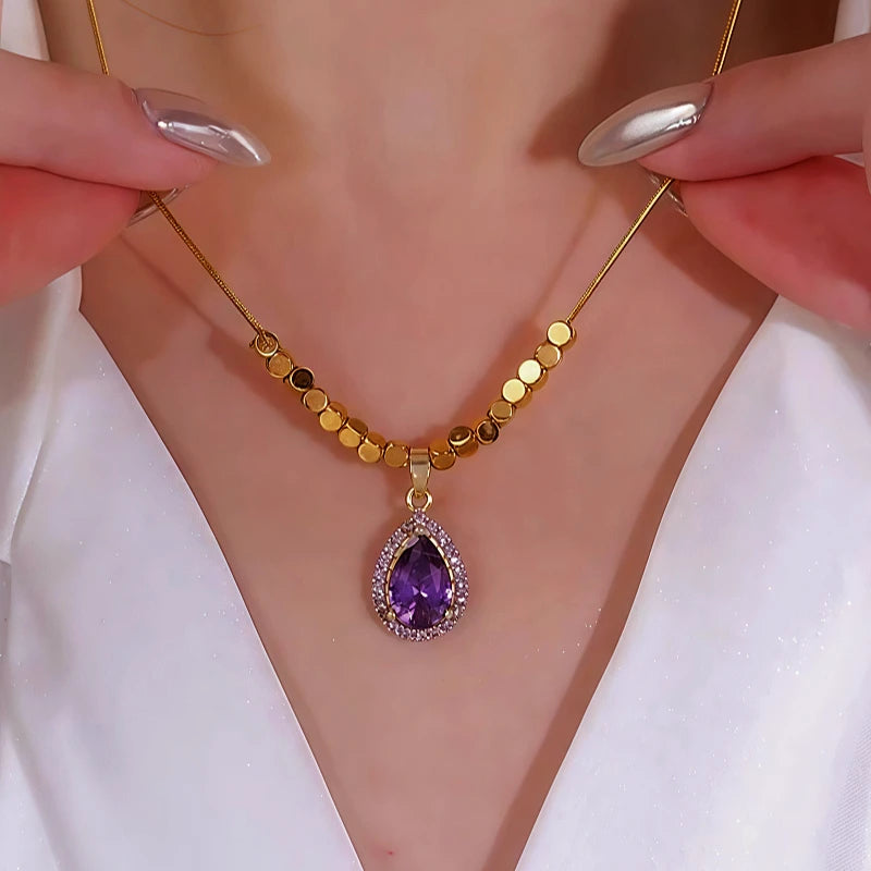 Detailed view of the 14K Gold-Plated Purple Zircon Diamond Water Drop Necklace chain and pendant