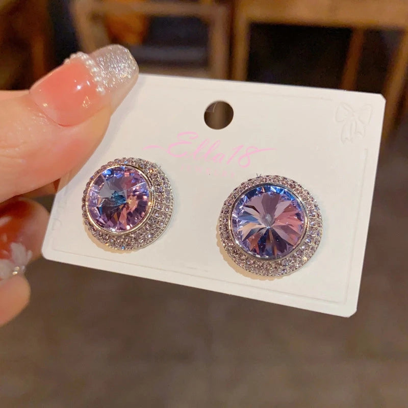 Ella 18 lavender purple crystal pave halo round stud earrings