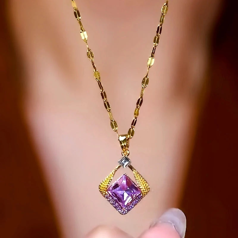 14K Gold-Plated Purple Zircon Sugar Cube Necklaces - beautiful Zircon Sugar Cube
