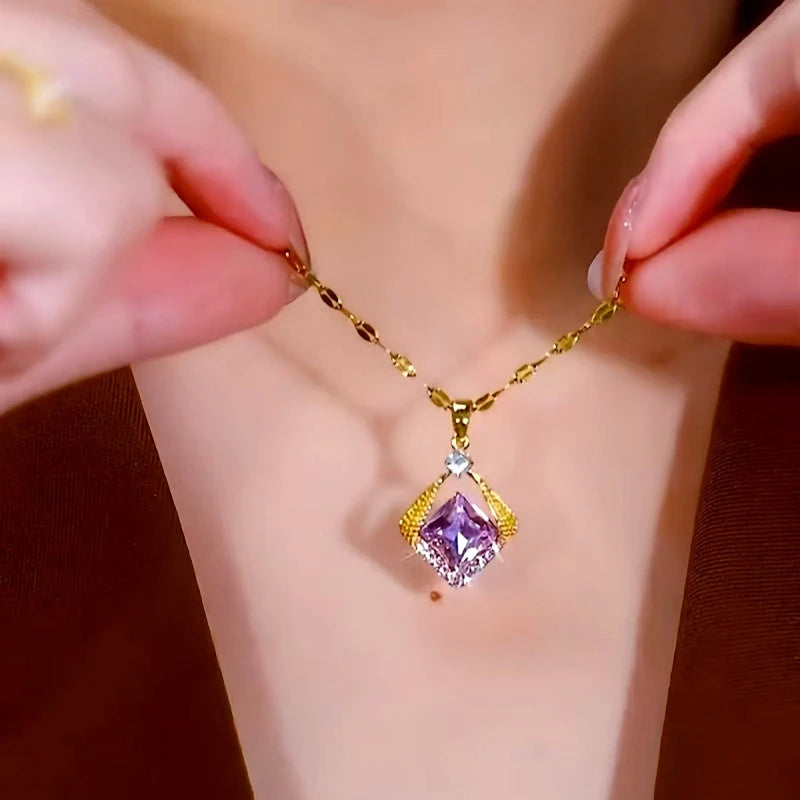 14K Gold-Plated Purple Zircon Sugar Cube Necklaces worn to showcase its length and pendant detail