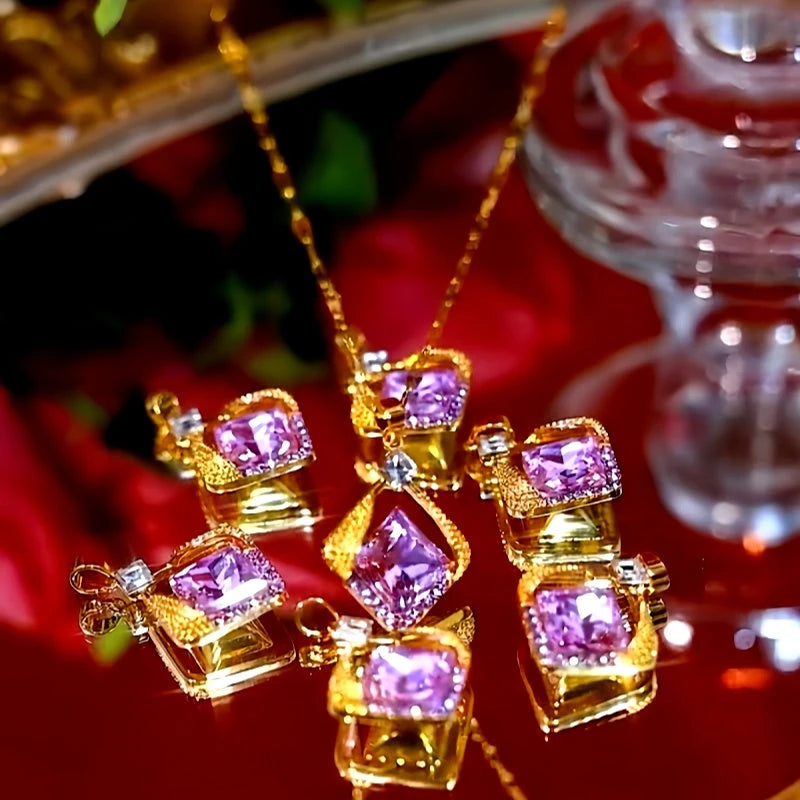 Detailed view of the 14K Gold-Plated Purple Zircon Sugar Cube Necklaces chain and pendant