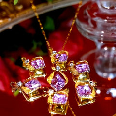 Detailed view of the 14K Gold-Plated Purple Zircon Sugar Cube Necklaces chain and pendant