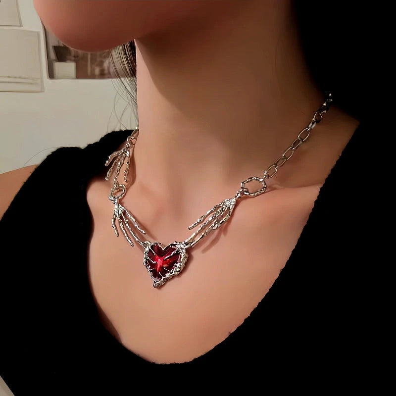 14K Gold-Plated Red Diamond Heart Ghost Claw Skeleton Hand Stitching Necklace - beautiful Skeleton Hand Necklace