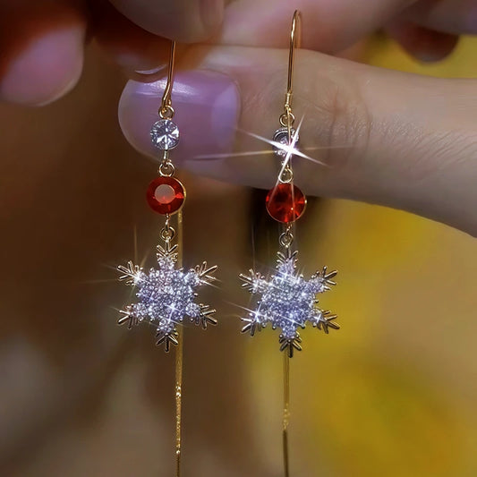 14K Gold-Plated Diamond Snowflake Threader Earrings - elegant Snowflake Threader Earrings