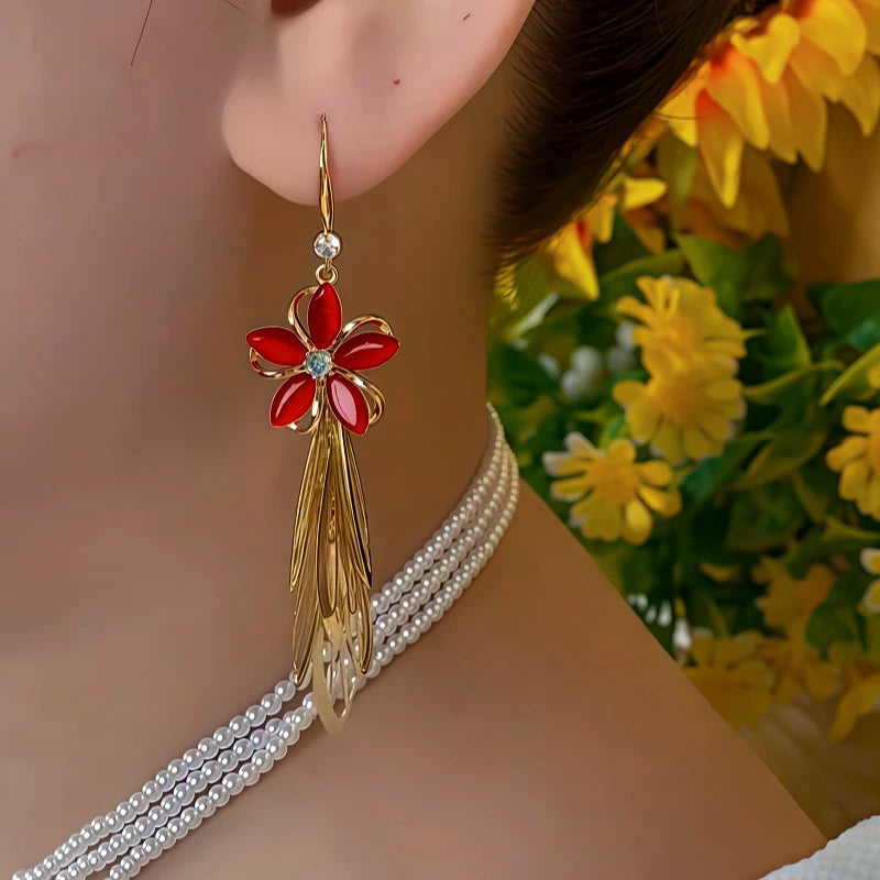 Close-up detail of the sparkling zircons and plating on the Flower Tassel Earrings