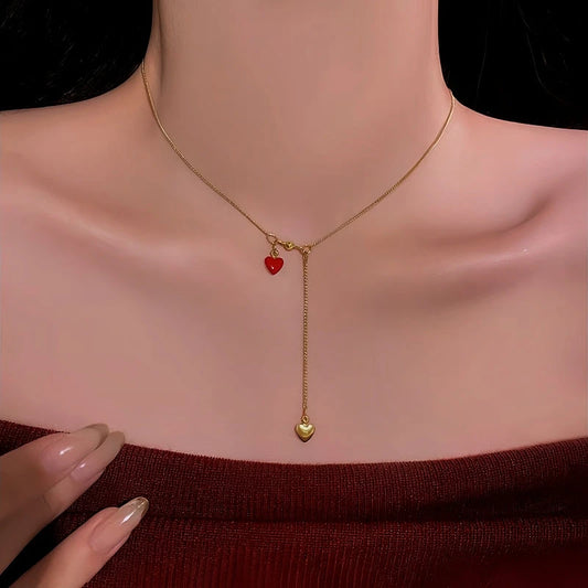 14K Gold-Plated Red Heart Necklace worn to showcase its length and pendant detail
