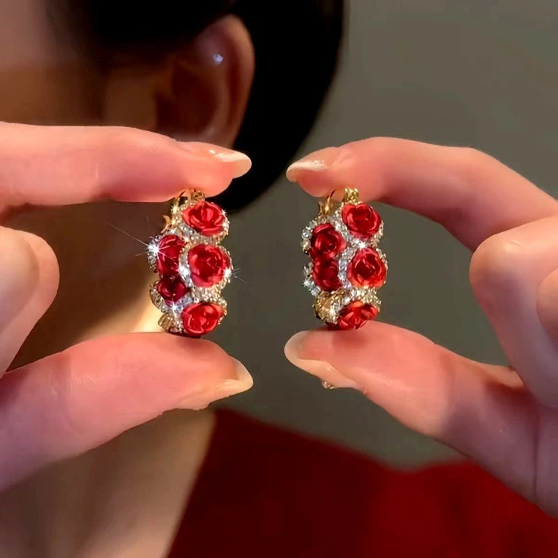 14K Gold-Plated Red Rose Hoop Earrings - elegant Rose Hoop Earrings