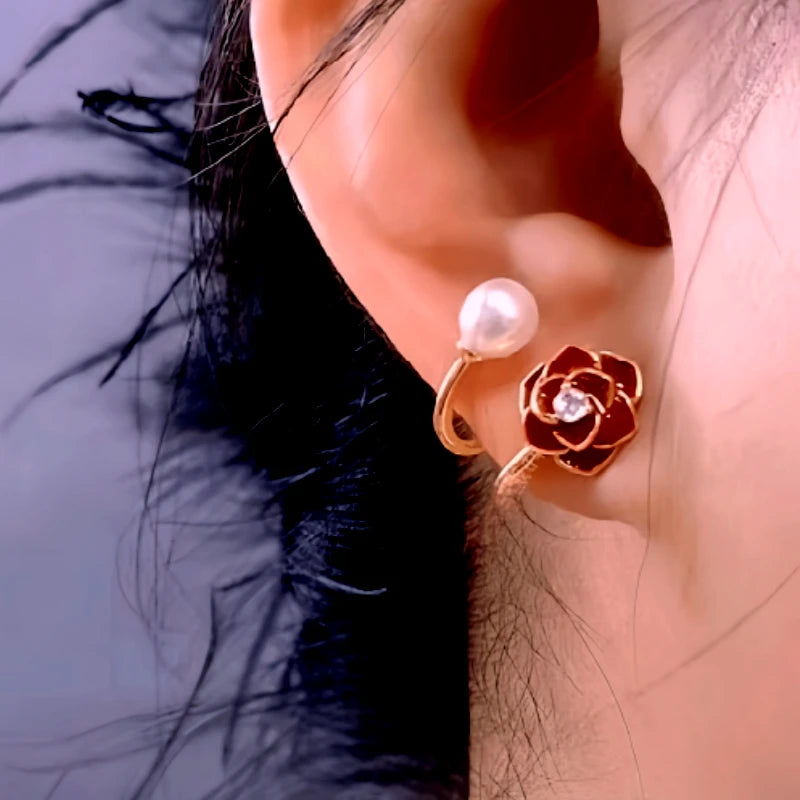 14K Gold-Plated Red Rose Pearl Stud Earrings - elegant Rose Pearl Studs