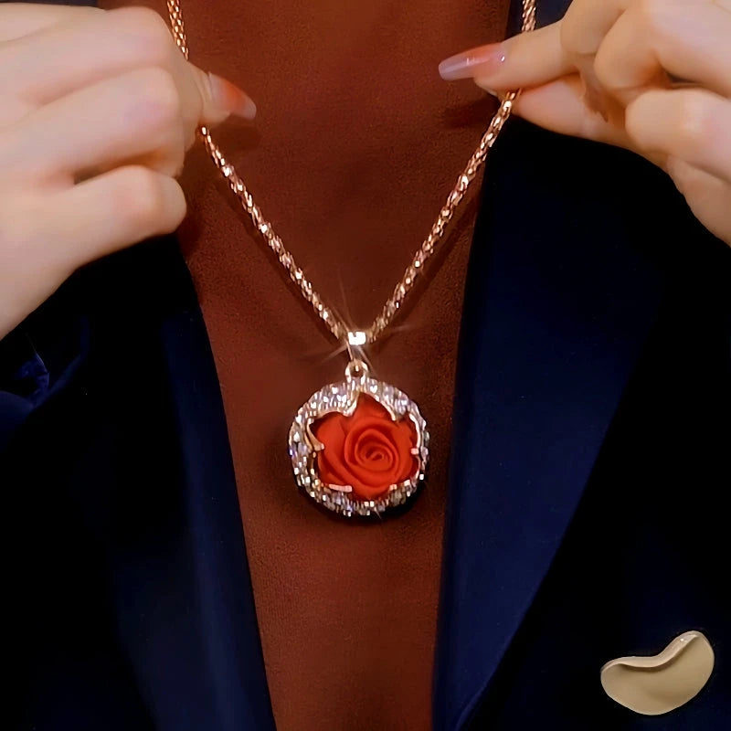 14K Gold-Plated Red Rose Sweater Chain Necklace - beautiful Rose Sweater Necklace