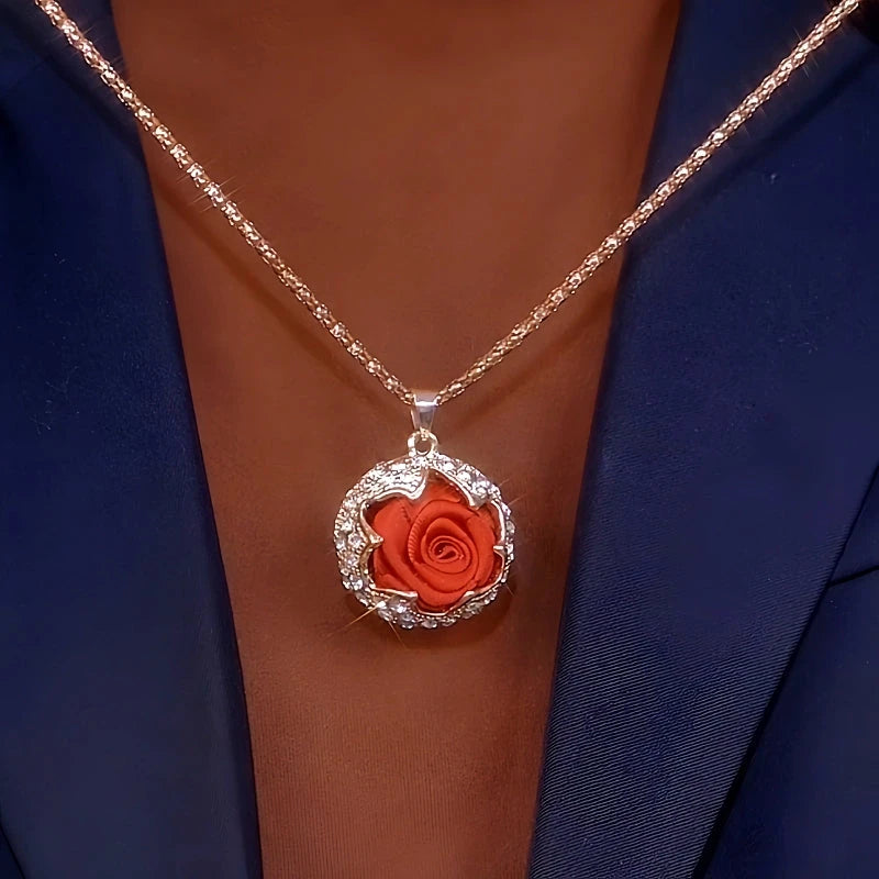 Close-up of the pendant and clasp on the Rose Sweater Necklace