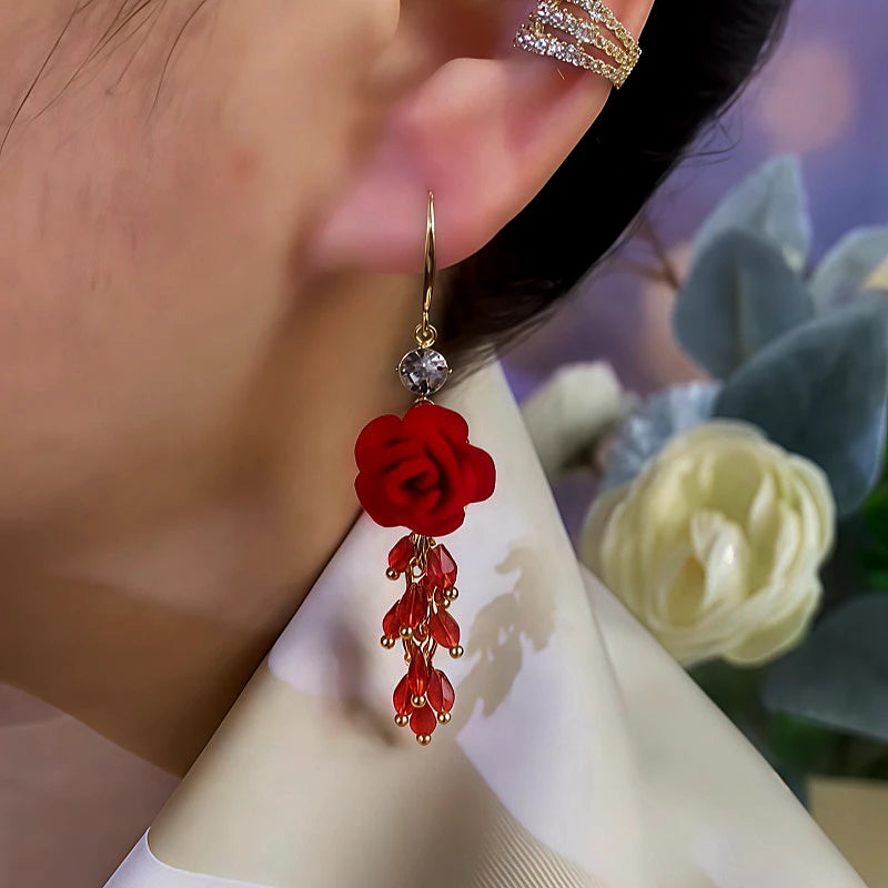 Close-up detail of the sparkling zircons and plating on the Rose Tassel Earrings