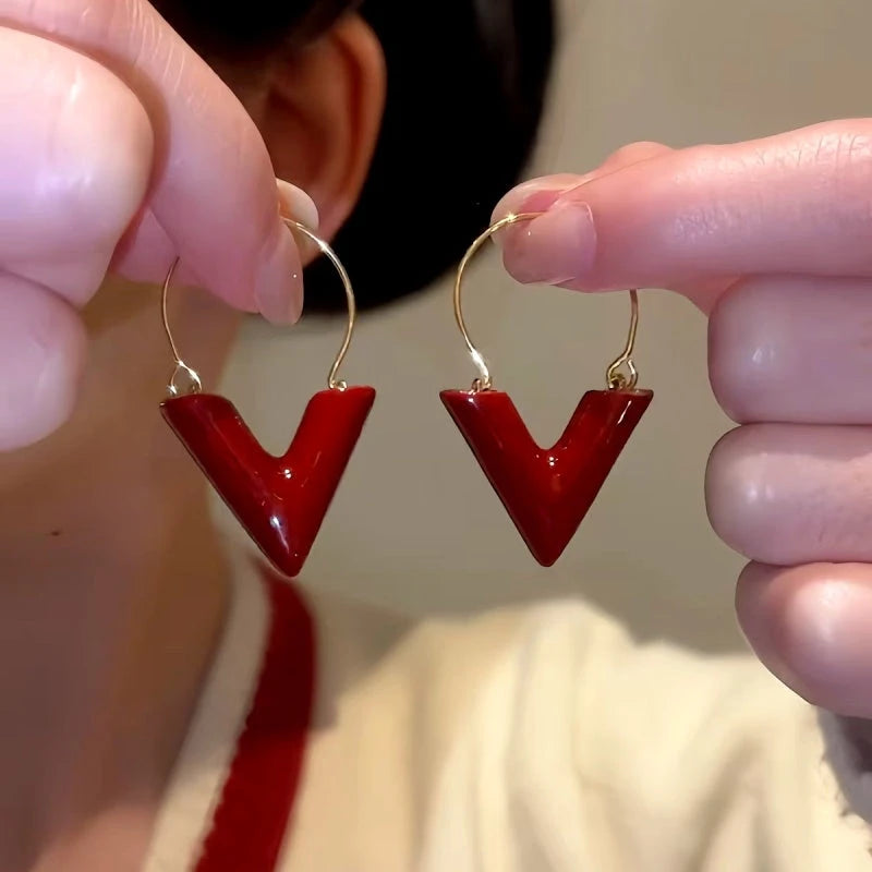 14K Gold-Plated Red V Letter Fashion Earrings - elegant V Letter Earrings