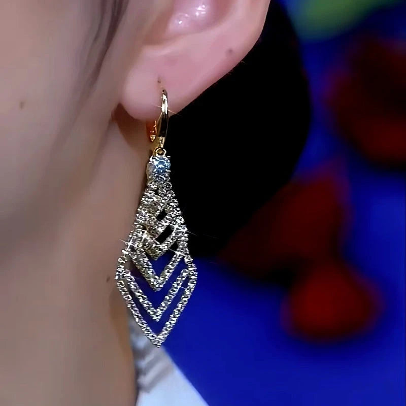 Close-up detail of the sparkling zircons and plating on the Rhinestone Geometric Earrings