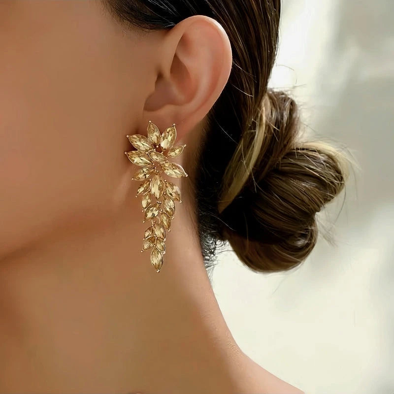 Close-up detail of the sparkling zircons and plating on the Wheat Tassel Earrings