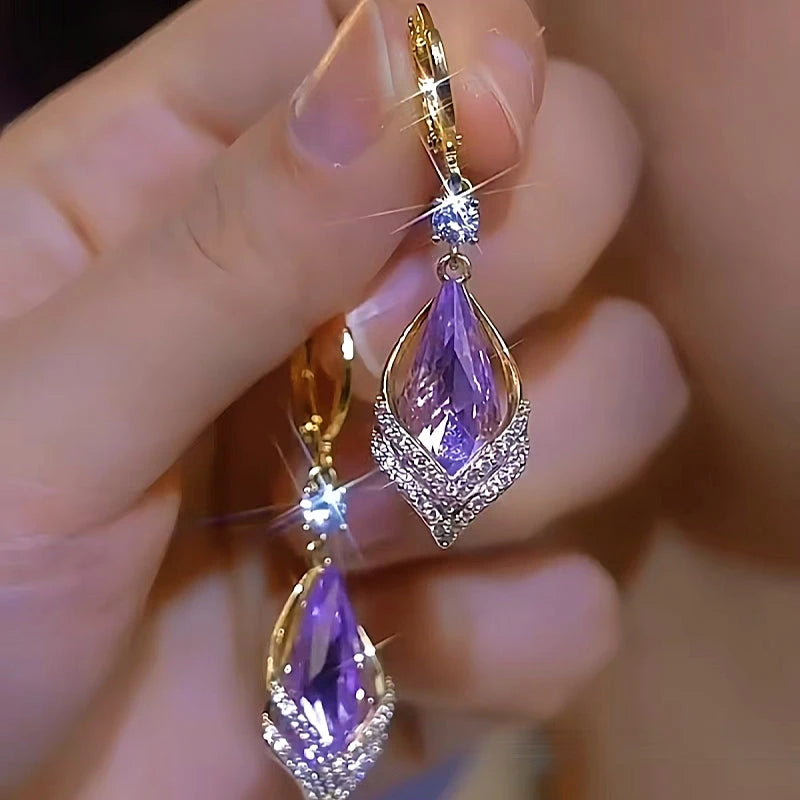 14K Gold-Plated Rhombus Purple Crystal Earrings - elegant Purple Crystal Earrings