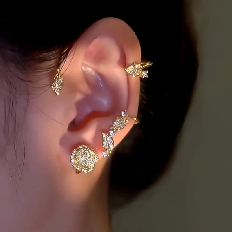 Close-up detail of the sparkling zircons and plating on the Leaf Ear Cuffs