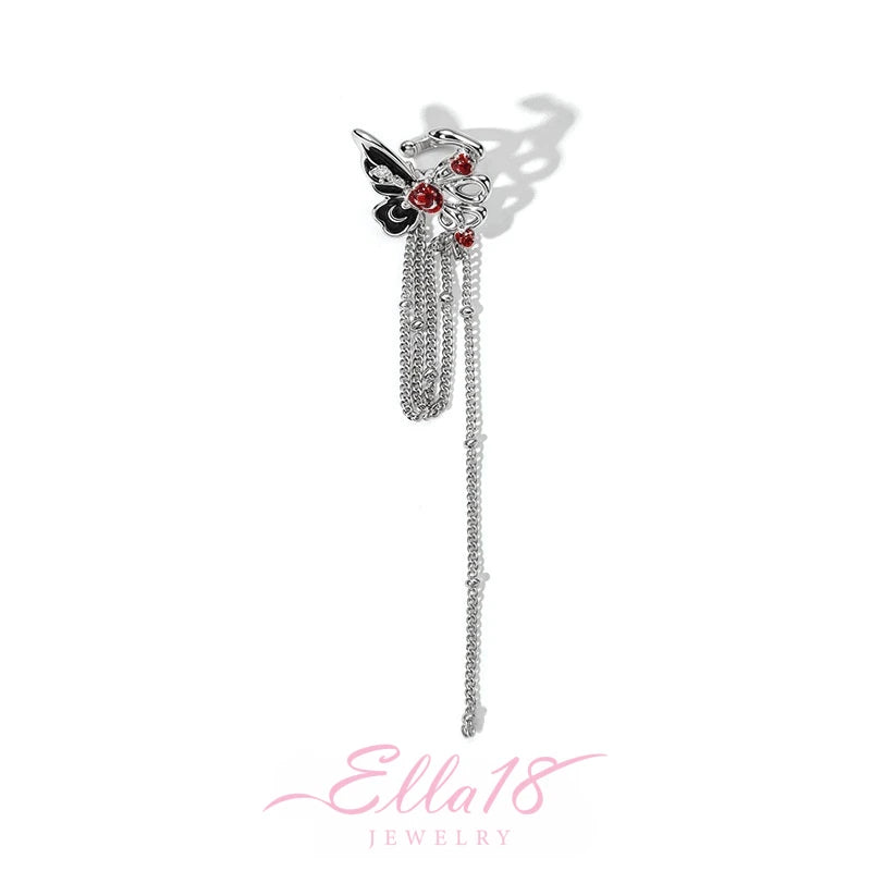 Red and black silver butterfly chain ear cuff, white background product shot
