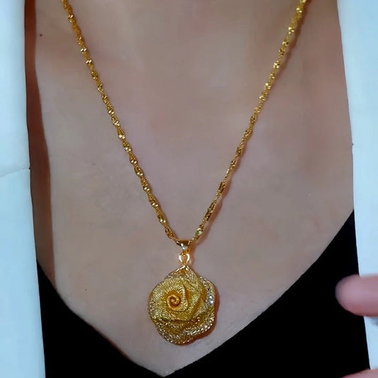 14K Gold-Plated Rose Pendant Necklace worn to showcase its length and pendant detail