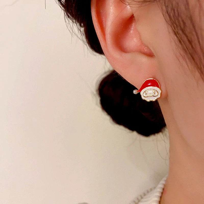 Close-up detail of the sparkling zircons and plating on the Santa Claus Earrings