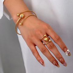 14K Gold-Plated Simple Ball Bracelet And Ring Set - chic Bracelet And Ring Set