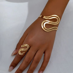 14K Gold-Plated Simple Snake Bracelets And RIngs Set - chic Snake Bracelet And Ring Set