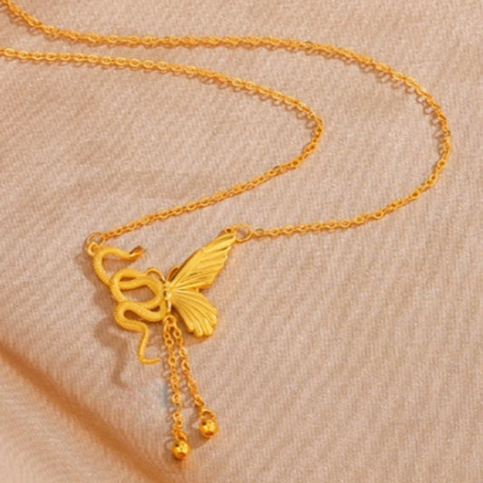 14K Gold-Plated Snake Design Tassel Necklace worn to showcase its length and pendant detail