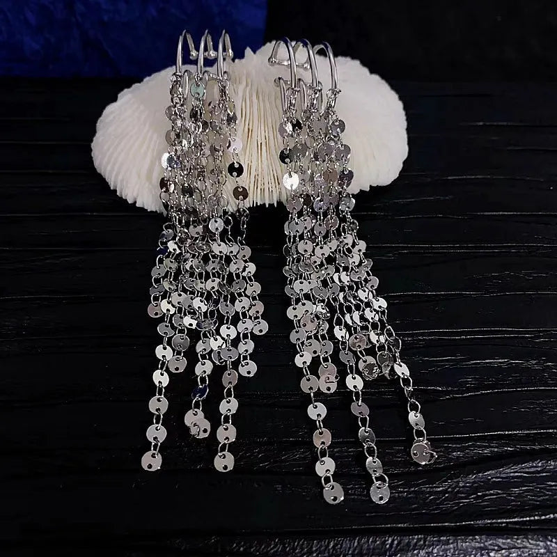 Angled view of the 14K Gold-Plated Sparkling Long Tassel Ear Cuffs ( 1 Pair )