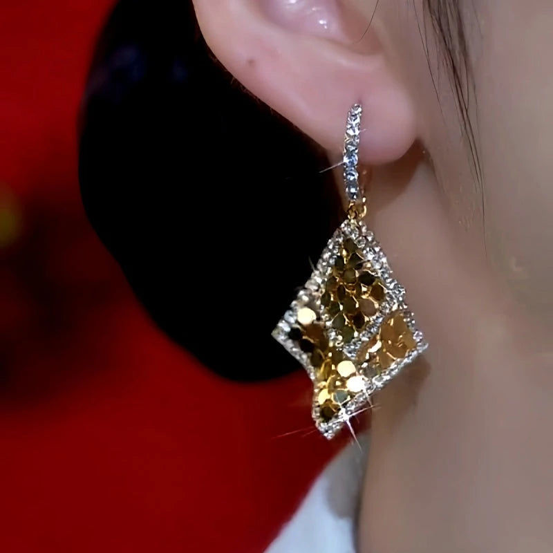 Close-up detail of the sparkling zircons and plating on the Geometric Sequin Earrings