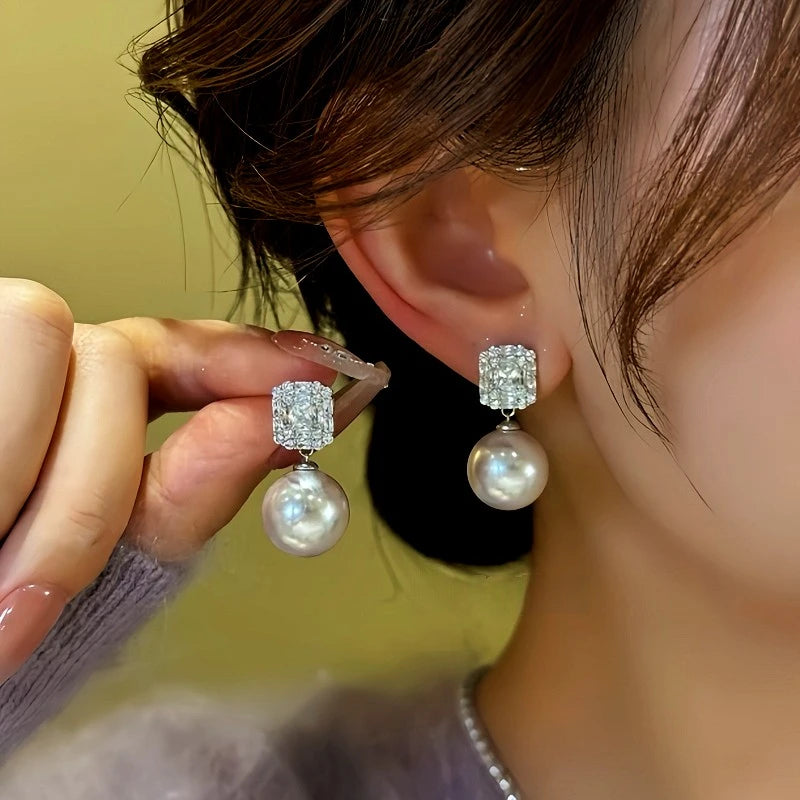 14K Gold-Plated Square Zircon Bead Earrings - elegant Square Zircon Earrings