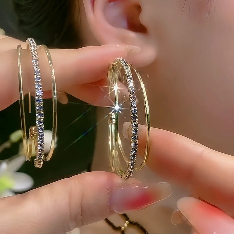 14K Gold-Plated Three-Layer Diamond Hoop Earrings - elegant Diamond Hoop Earrings