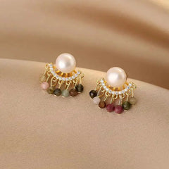Angled view of the 14K Gold-Plated Tourmaline Pearl Earrings