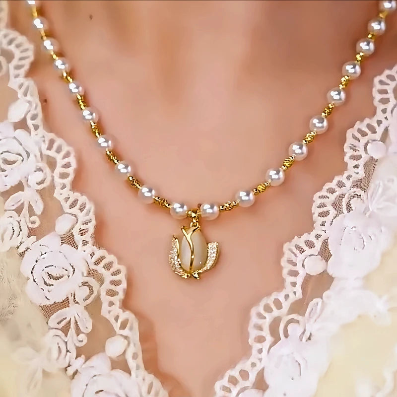Close-up of the pendant and clasp on the Tulip Beads Necklace