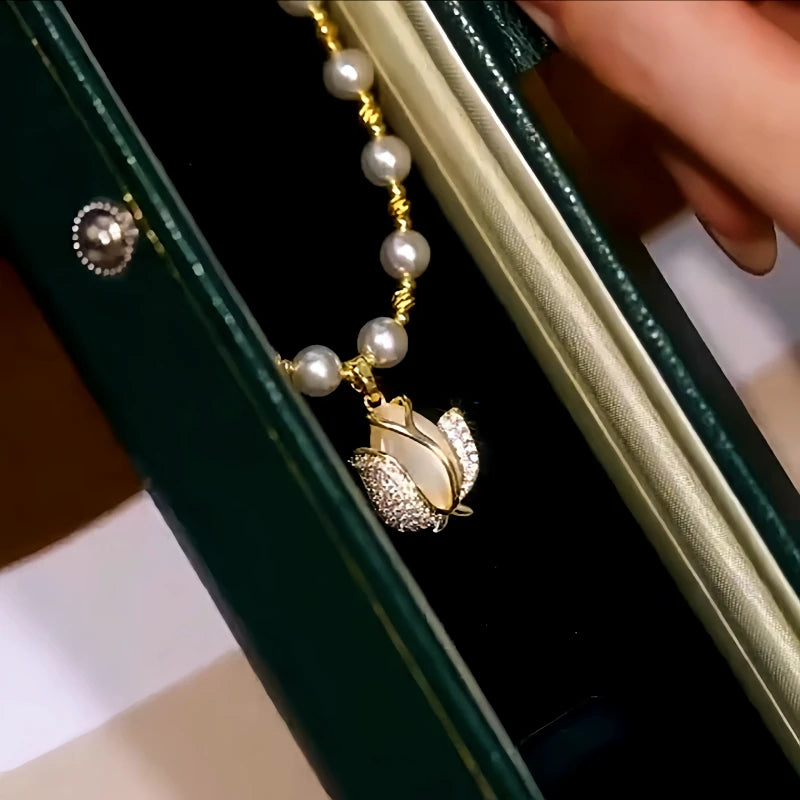 Detailed view of the 14K Gold-Plated Tulip Beads Necklace chain and pendant