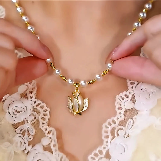 14K Gold-Plated Tulip Beads Necklace - beautiful Tulip Beads Necklace