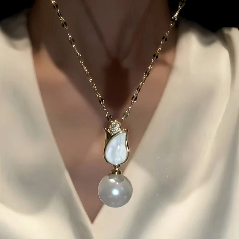 Close-up detail of the sparkling zircons and plating on the Tulip Pearl Set