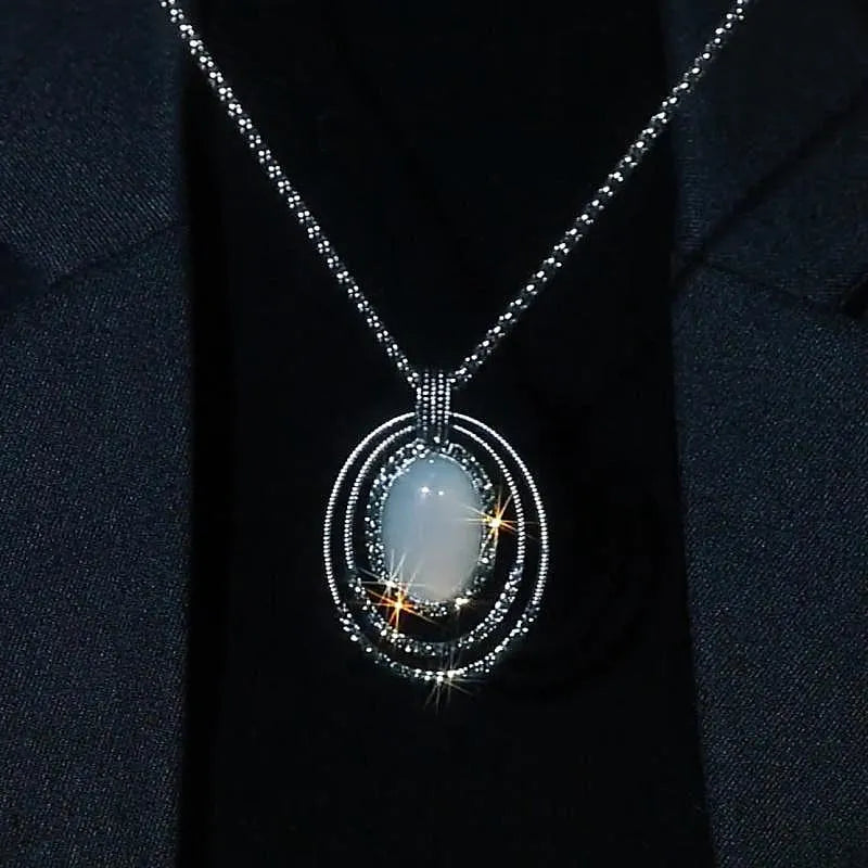 14K Gold-Plated Vintage Cat's Eye Pendant Sweater Chain Necklace worn to showcase its length and pendant detail