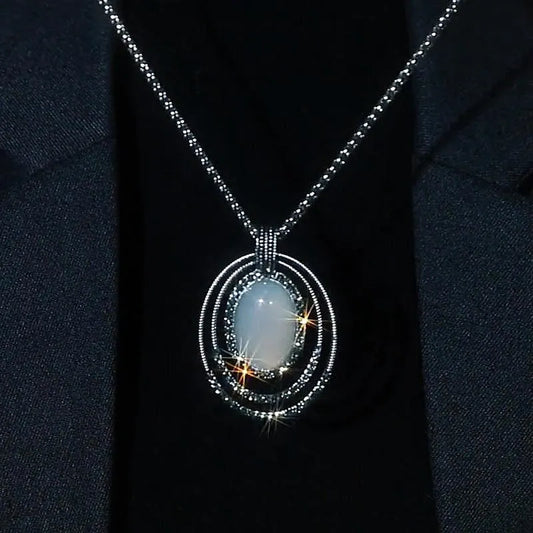 14K Gold-Plated Vintage Cat's Eye Pendant Sweater Chain Necklace worn to showcase its length and pendant detail