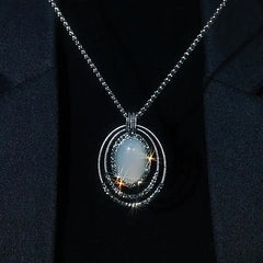 14K Gold-Plated Vintage Cat's Eye Pendant Sweater Chain Necklace worn to showcase its length and pendant detail