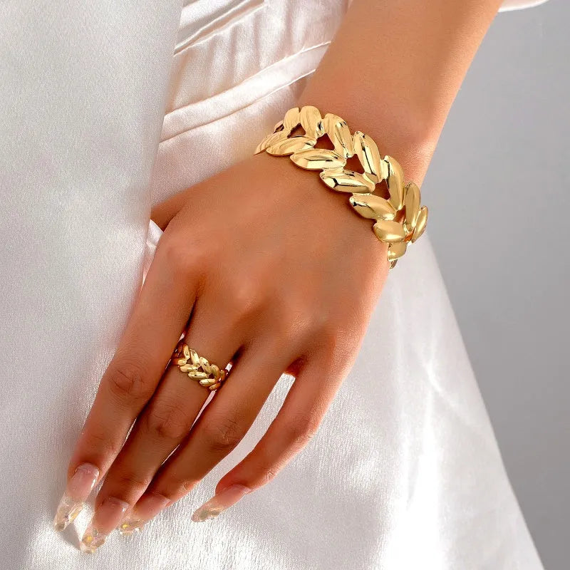 14K Gold-Plated Wheat Bracelet And Ring Set - chic Wheat Bracelet and Ring Set
