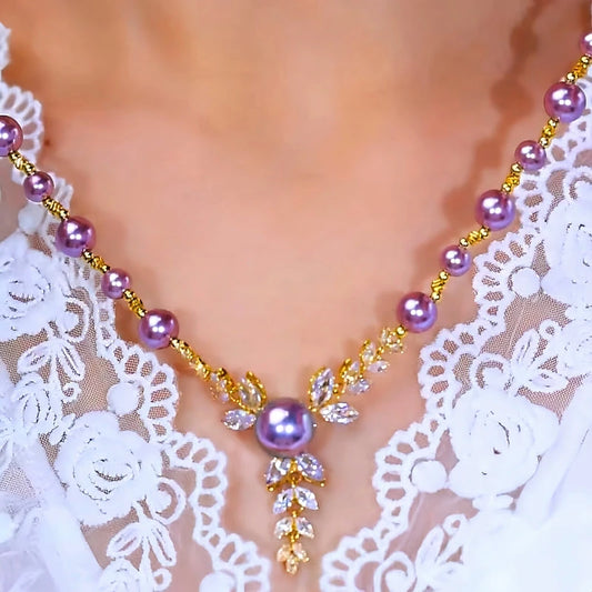 14K Gold-Plated Wheat Ear Purple Bead Necklace - beautiful Purple Bead Necklace