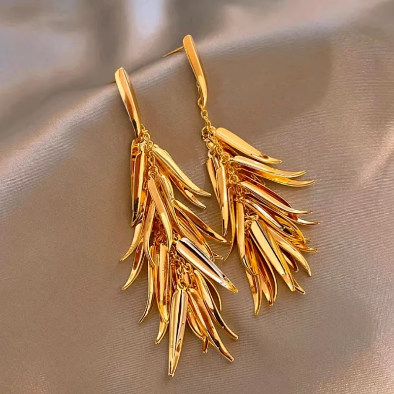 Angled view of the 14K Gold-Plated Wheat Tassel Earrings