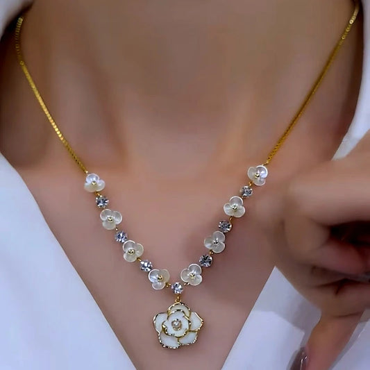 14K Gold-Plated White Camellia Flower Necklace worn to showcase its length and pendant detail