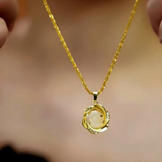 14K Gold-Plated White Rabbit Jade Pendant Necklace worn to showcase its length and pendant detail