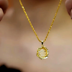 14K Gold-Plated White Rabbit Jade Pendant Necklace worn to showcase its length and pendant detail