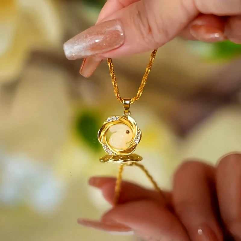 Detailed view of the 14K Gold-Plated White Rabbit Jade Pendant Necklace chain and pendant